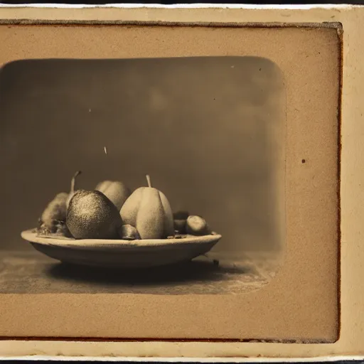 Prompt: still life with a bowl of fruit, wet plate photography, collodion, daugerrotype