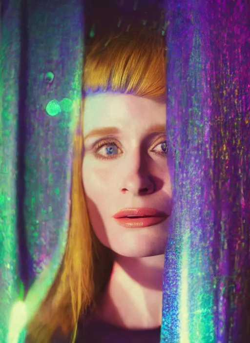 Image similar to A hyper realistic and detailed head portrait photography of Bryce Dallas Howard in iridescent-digital hoodie on a futuristic street. by Annie Leibovitz. Neo noir style. Cinematic. neon lights glow in the background. Cinestill 800T film. Lens flare. Helios 44m