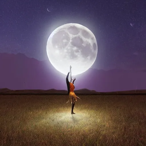 Prompt: a shaman dancing with light, highly detailed moon fills the background, by Christope Vacher