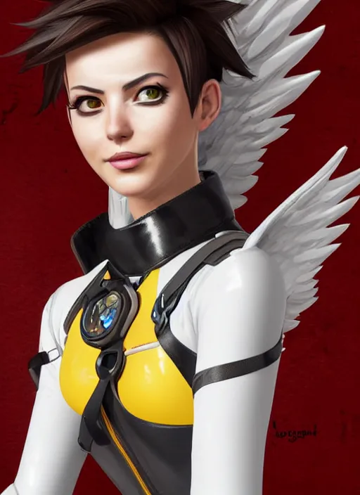 Image similar to portrait bust digital artwork of tracer overwatch, wearing white iridescent rainbow latex and leather straps catsuit outfit, 4 k, expressive happy smug expression, makeup, in style of mark arian, angel wings, wearing detailed black leather collar collar collar collar, chains, black leather harness, detailed face and eyes,