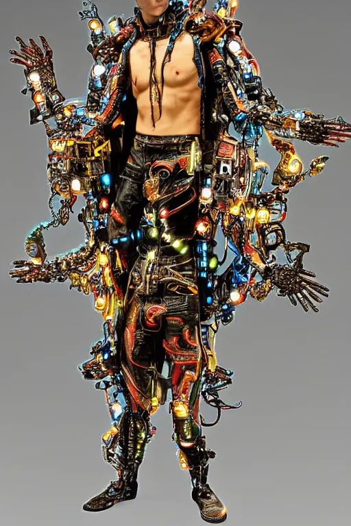 Image similar to full-body bladerunner style sculpture of a young handsome Latino prince as a half cibernetic android with a chest opening exposing circuitry and electric sparks, glowing laser beam eyes, crown of giant diamonds, flowing neon-colored silk, fabric, raptors. baroque elements. full-length view. baroque element. intricate artwork by caravaggio. many many birds birds on background. Trending on artstation, octane render, cinematic lighting from the right, hyper realism, octane render, 8k, depth of field, 3D