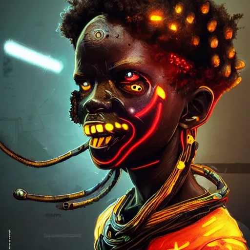 Image similar to a dark and ominous cyborg african child soldier with glowing eyes and tribal facial scarification, neon graffiti, Apex Legends character digital illustration portrait design, by android jones and greg rutkowski in a cyberpunk voodoo style, retrowave color scheme, detailed, cinematic lighting, wide angle action dynamic portrait