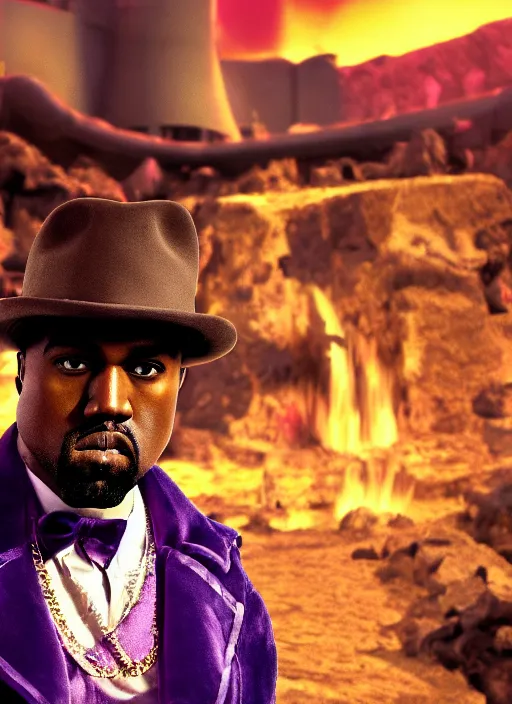 Prompt: Kanye West as willy wonka in fallout new vegas, splash art, movie still, cinematic lighting, dramatic, octane render, long lens, shallow depth of field, bokeh, anamorphic lens flare, 8k, hyper detailed, 35mm film grain
