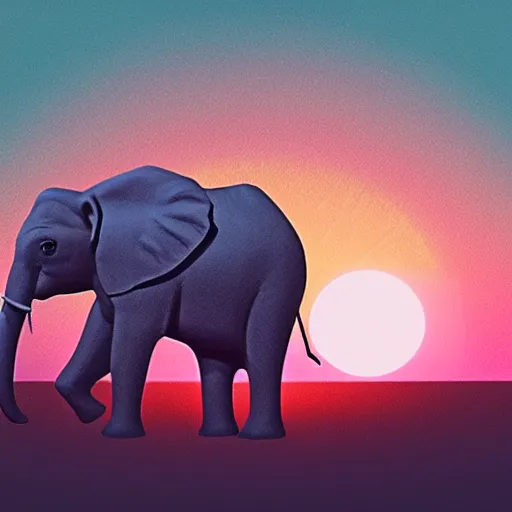 Prompt: a heroic elephant watching yesterday's sunset over the mountains in the style of synthwave