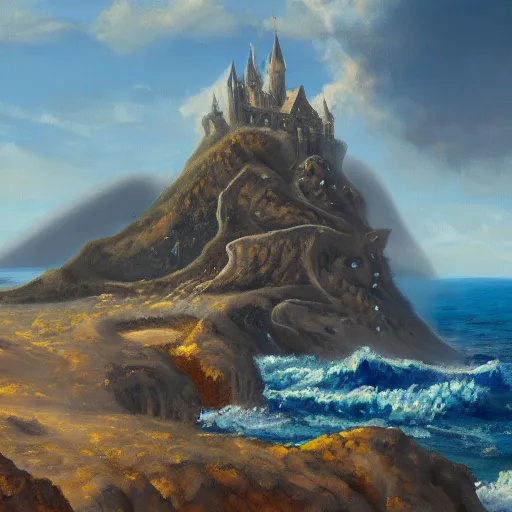 Prompt: a beautiful painting of a castle built into a volcano island with ocean in the distance by patrick markle, trending on artstation