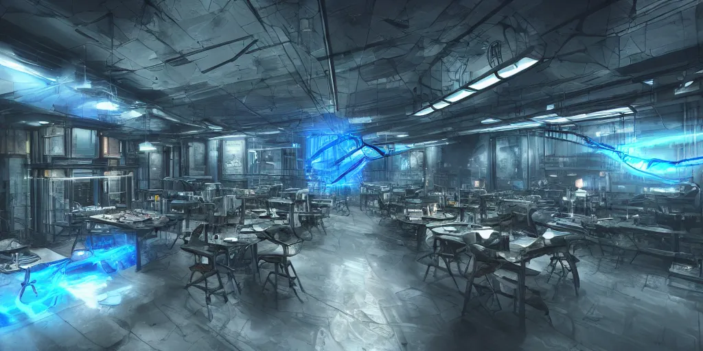 A Dark Gritty Hi tech Laboratory With Glass And Metal Stable 