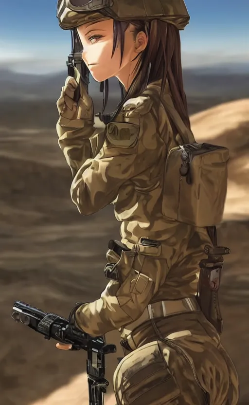 Image similar to portrait of a female soldier, highly detailed, high resolution, desert in the background, anime style, stunning, girls frontline style, bokeh soft, 3d rendering, guilty gear strive graphics, 100mm, trending on instagram, by 3d artist, realistic human anatomy, realistic military carrier, modern warfare, realistic weapon, shot with a arriflex 35 ii, low saturation, small eyes