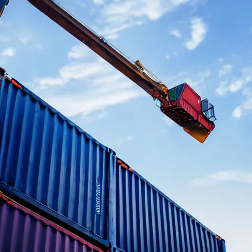 Prompt: digital photography of a crane lifting a container, shot from the ground looking up, close shot, clear sky