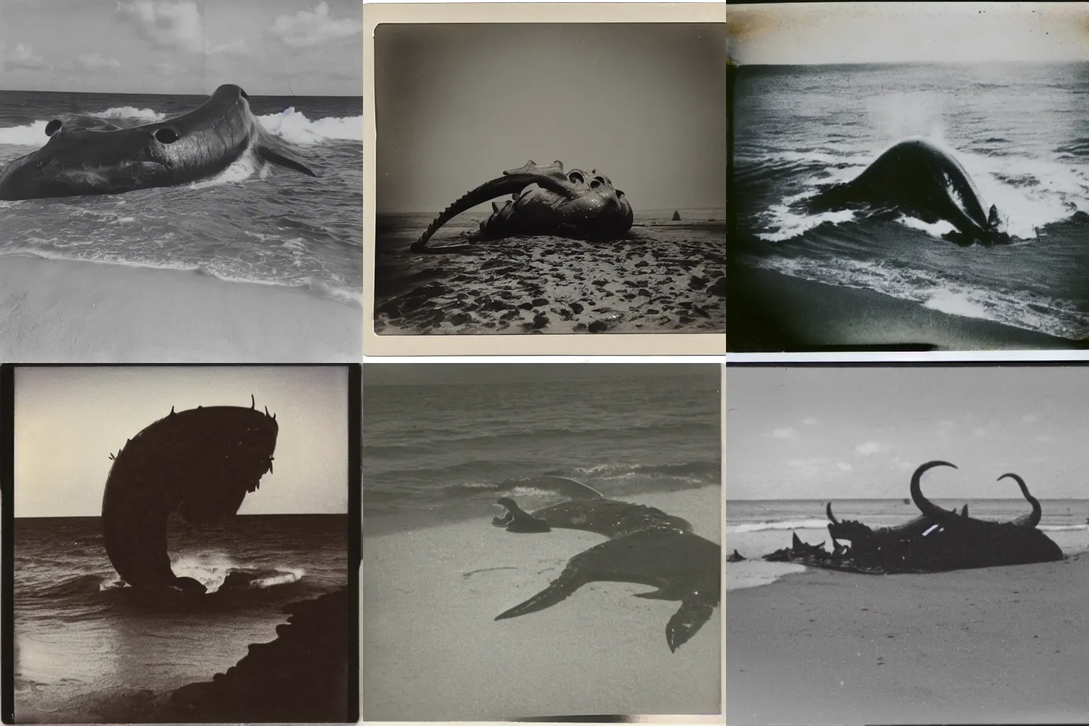 Prompt: 1950s polaroid photo of a large sea monster crashed on the beach