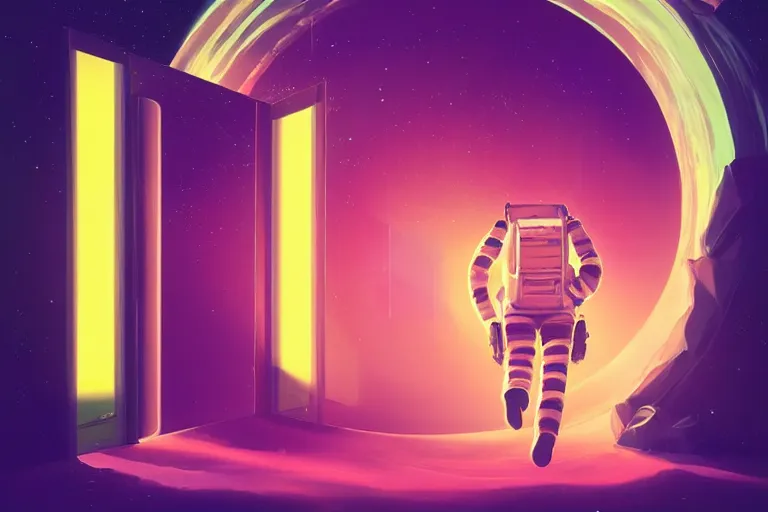 Prompt: an astronaut opening a door that leads to another planet, door is a portal to another planet, flooko style, vaporwave, synthwave, ambient lighting, cinematic lighting, retro, psychedelic, digital art, acrylic, detailed,