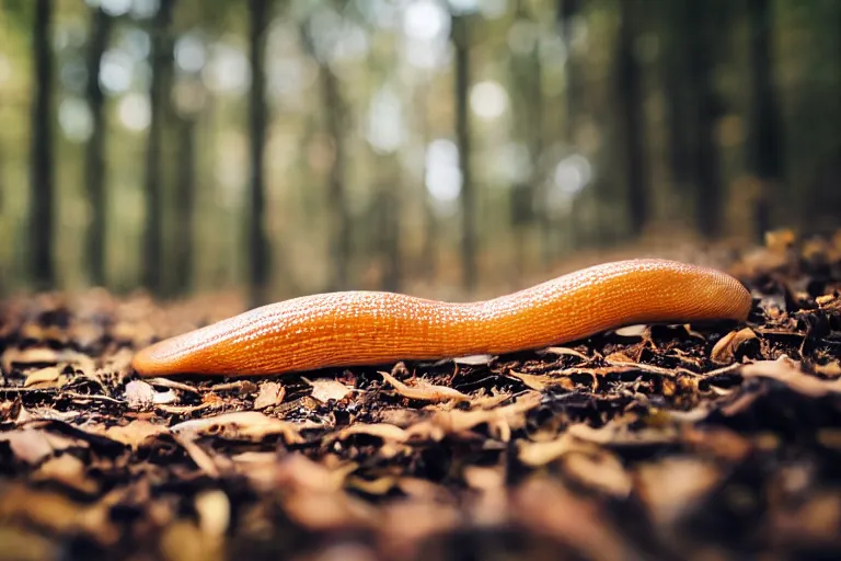 Image similar to a slug slithering on dead leaves in a forest, canon eos r 3, f / 1. 4, iso 2 0 0, 1 / 1 6 0 s, 8 k, raw, unedited, symmetrical balance, in - frame,