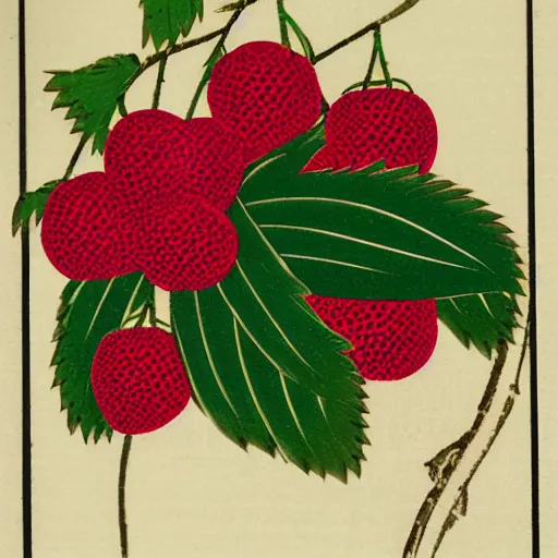 Prompt: Japanese woodblock print of a raspberry