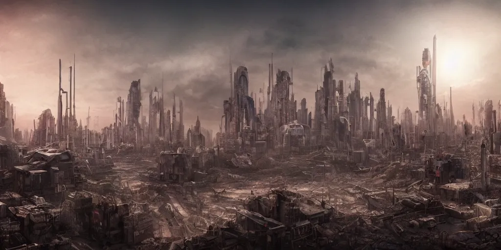 Image similar to futuristic post apocalyptic city, dystopia, 4 k