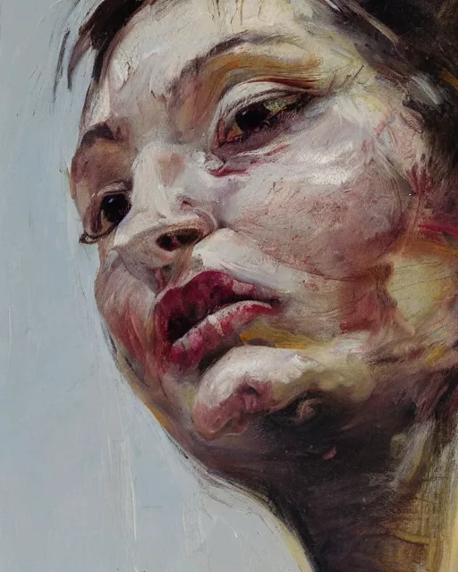 Image similar to a close up portrait a very ordinary young woman with a distracted expression, low angle, facing front, looking up, by Lucian Freud and Jenny Saville, oil painting, anatomically correct, beautiful perfect face, visible brushstrokes, sharp focus, Highly Detailed, Cinematic Lighting, 8k, HD