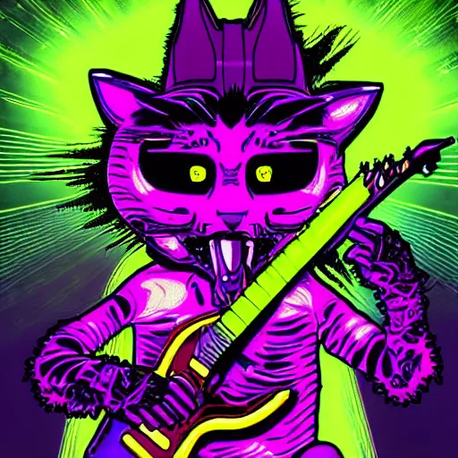 Prompt: Cyberpunk neon led synthwave dytopian evil zombie kitten playing guitar, tiltinghis head back and laughing uproariously while sticking his outrageously long toungue out. Massive lightning strikes in background. High quality digital art