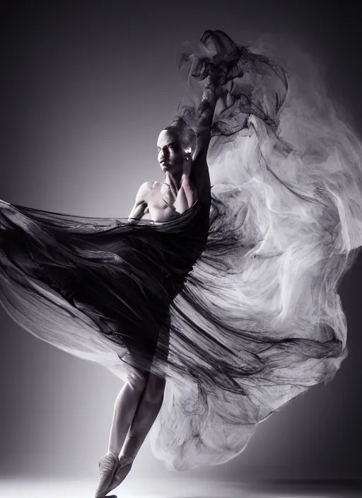 Image similar to a Photorealistic dramatic hyperrealistic render of a glamorous beautiful Female smoke dancer by Ken Brower and Deborah Ory of NYC Dance project,Lois Greenfield,Flowing cloth and smoke,Beautiful dynamic dramatic dark moody lighting,volumetric,shadows,cinematic atmosphere,Octane render,8K