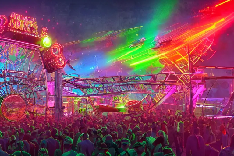 Image similar to an outdoor festival stage, big neon letters tripmachine, center of the stage is a big futuristic steampunk rollercoaster machine with a shiny steamtrain, rock musicians on the stage, laser show, 8 k, fluorescent colors, halluzinogenic, multicolored, exaggerated detailed, unreal engine