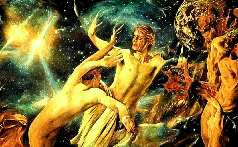 Prompt: scene from cosmologica ( 1 9 6 9 ), a movie by luchino visconti showing a man leaving the medieval cosmos to enter the new modern universe in the style of renaissance cosmological painting. cinematic, technicolor, direct lighting, highly detailed, highly intricate.