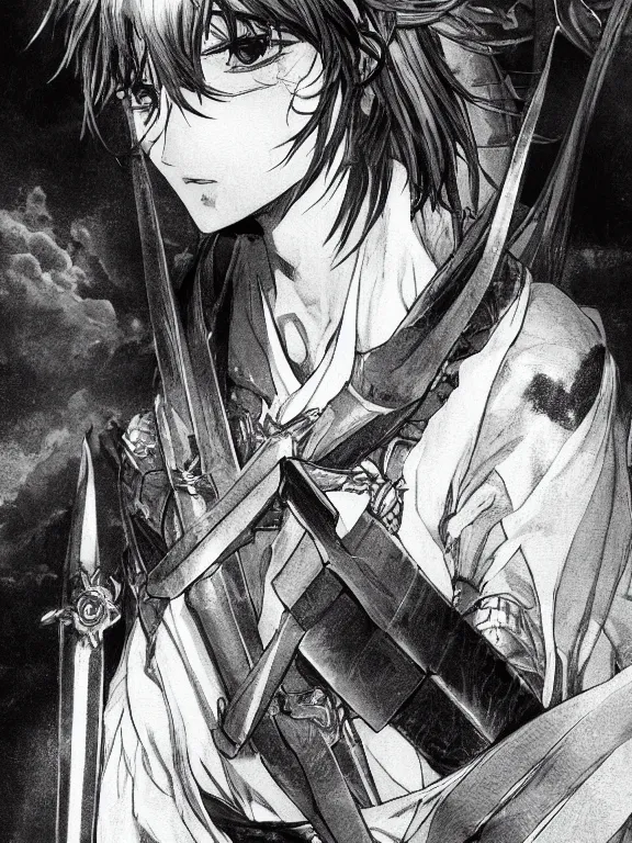 Image similar to close up picture of a saint sword man being tired at war. looking at the camera, cynical, bored, beautiful and aesthetic, intricate, unreal engine, messy hair, highly detailed, detailed face, smooth, sharp focus, chiaroscuro, manga illustration, artgerm, greg rutkowski, alphonse mucha, young adult light novel cover art