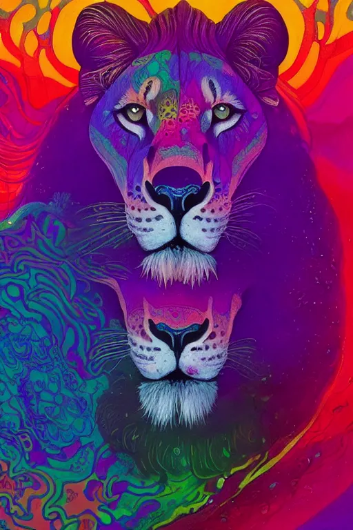 Image similar to An extremely psychedelic abstract illustration of an lioness head on female body , colorful, surreal, dramatic lighting, side profile, magic mushrooms, psilocybin, LSD, detailed, intricate, elegant, highly detailed, digital painting, artstation, concept art, smooth, sharp focus, illustration, art by Krenz Cushart, greg rutkowski and zdzislaw beksinski and alphonse mucha, unreal engine 5 render, 8k