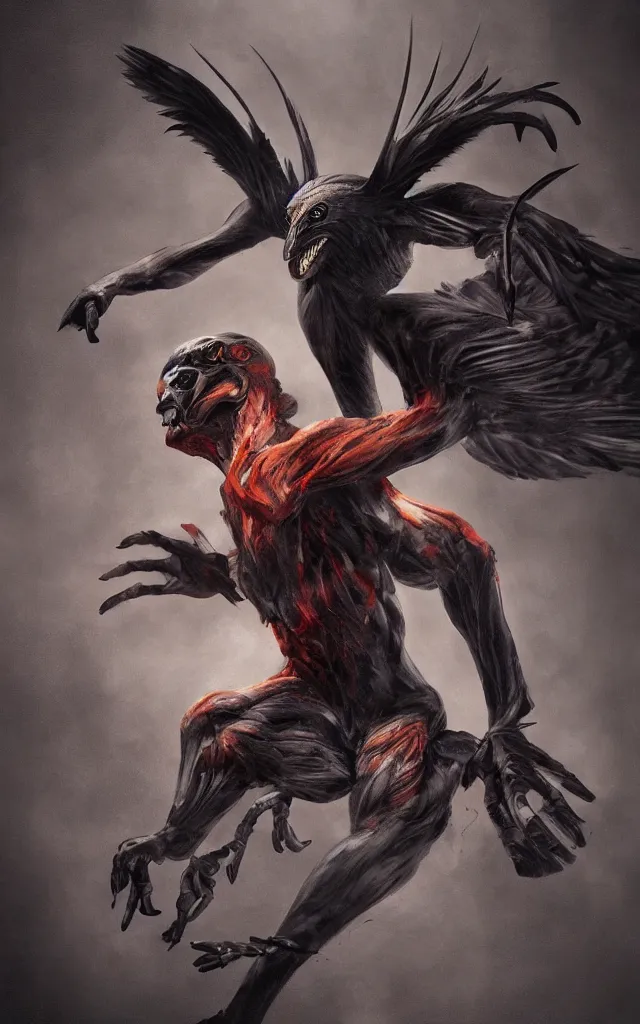 Image similar to mutant hybrid between human and crow, dynamic composition, dramatic lighting, hyperrealistic, ultra detailed