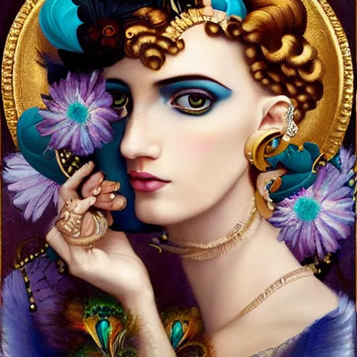 Prompt: epic composition, a painting of a blue skinned woman with hair of flowers and peacock plummage wearing ornate earrings, a surrealist painting by tom bagshaw and jacek yerga and tamara de lempicka and jesse king, featured on cgsociety, pop surrealism, surrealist, dramatic lighting, wiccan, pre - raphaelite, ornate gilded details