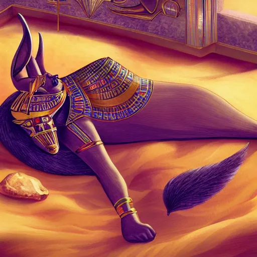 Image similar to anubis, egyptian art, lying in bed, sparkles all around, fantasy digital art, wow, stunning, hight quality