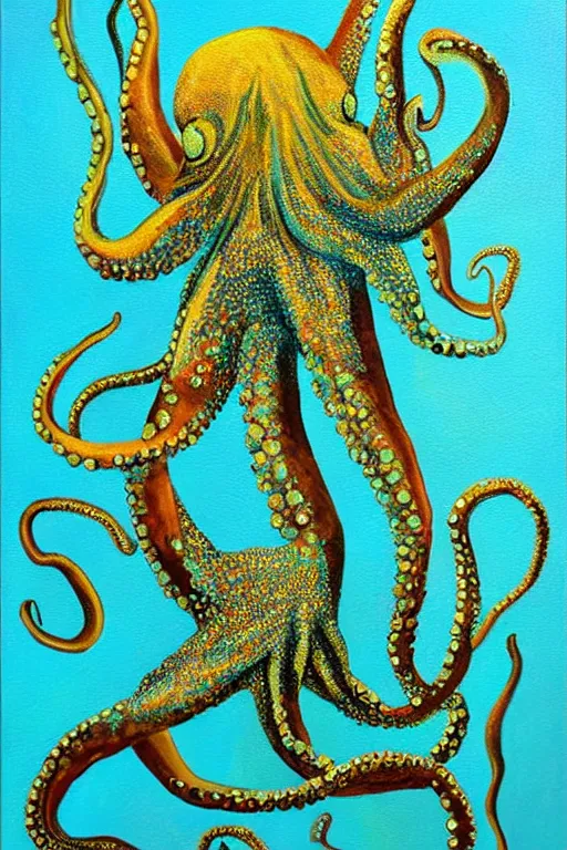 Prompt: oil painting, teal octopus, golden accents