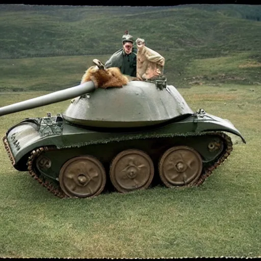 Prompt: a goat with sunglasses drives a ww 2 tank