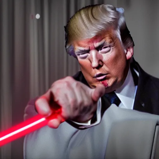 Prompt: real photo of donald trump brandishing a red light saber