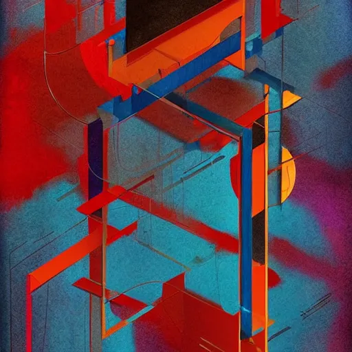 Prompt: the brittle. digital painting, vertical, intricate, beautiful, detailed, grunge, illustration, abstract art by el lissitzky, trending on artstation. blue, dark red and dark purple color scheme, gradient darker to bottom