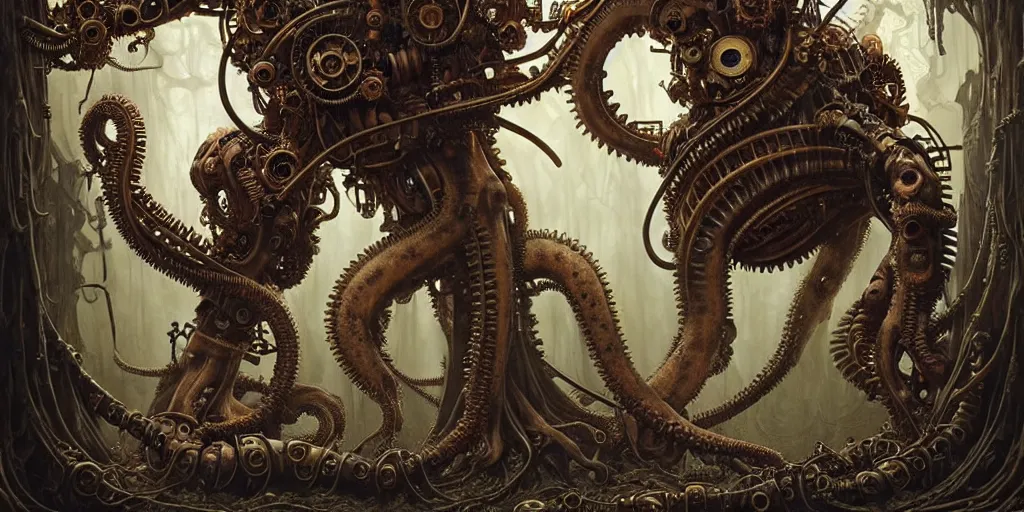 Image similar to biomechanical steampunk creature with robotic parts and big octopus head and (glowing) eyes guarding an ancient chest in a mystic forest, gothic and baroque, brutalist architecture, ultradetailed, creepy ambiance, artgerm, giger, Intricate by Ellen Jewett and Josan Gonzalez and Giuseppe Arcimboldo