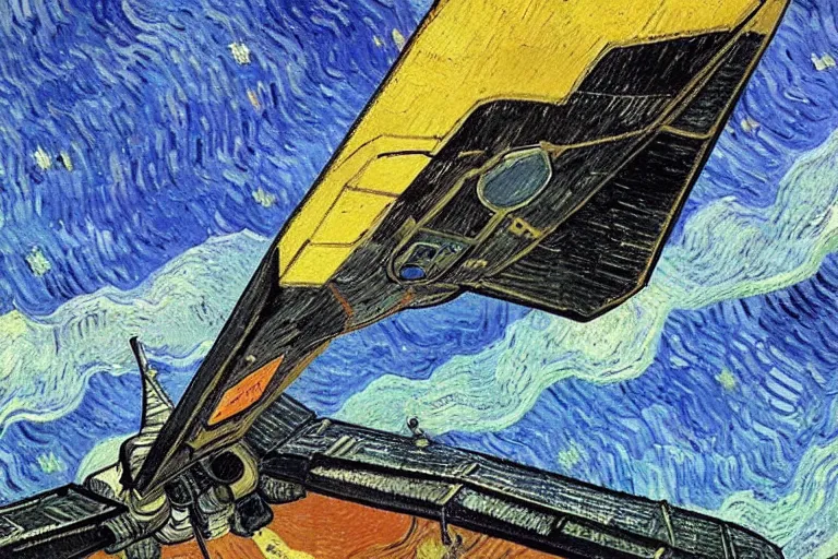 Prompt: detailed oil painting of an Imperial Shuttle spacecraft flying away from earth by Vincent van Gogh