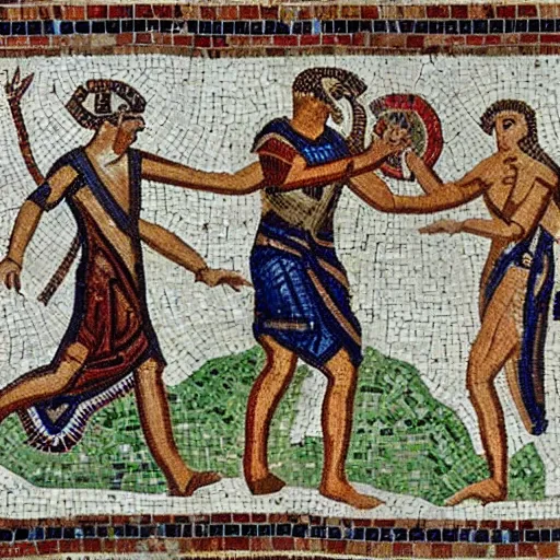 Image similar to an ancient roman mosaic of 2 persons throwing a frisbee