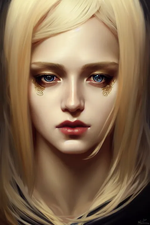 Image similar to a beautiful blond goddess girl with black makeup in the eyes, fantasy, portrait, sharp focus, intricate, elegant, digital painting, artstation, matte, highly detailed, concept art, illustration, ambient lighting, art by ilya kuvshinov, artgerm, Alphonse mucha, and Greg Rutkowski