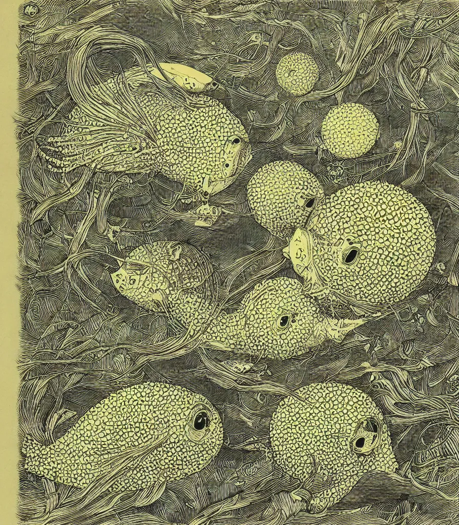 Prompt: alien pufferfish color scientific illustration by Ernst Haekel, Hayao Miyazaki, color illustration