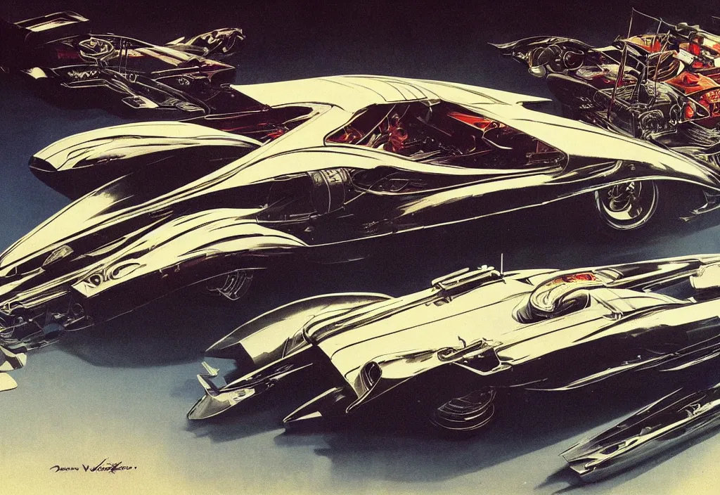 Image similar to an extremely complex and advanced car from the 1960s, extreme plus resolution fantasy concept art, intricate details to everything visible, sharp lighting, Dramatic light by Denis Villeneuve, strong emphasis on Syd Mead and Robert McCall