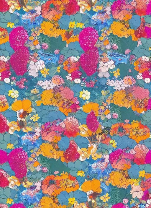 Image similar to multiverse of flowers, garden flowers pattern!!!, berries!!, dragonflies, garden monolith by satoshi kon and greg rutkowski, 7 0's vintage sci - fi design