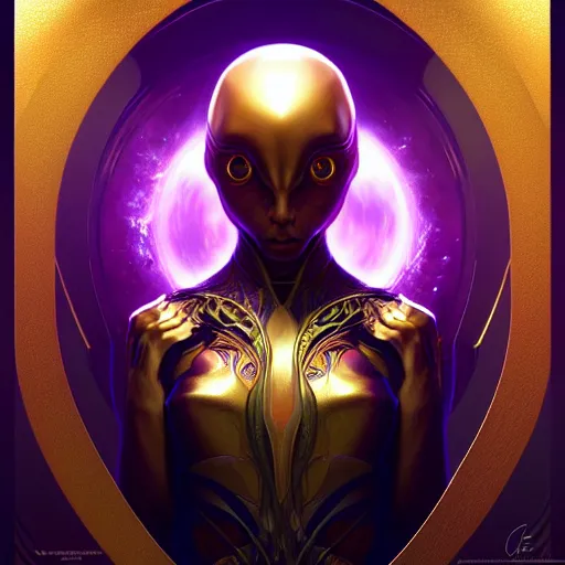 Prompt: hyper advanced alien evolved from dolphin, sci fi, glowing eyes, volumetric lights, gold theme, art nouveau botanicals, intricate, highly detailed, digital painting, artstation, concept art, smooth, sharp focus, cinematic, illustration, beautiful face, art by artgerm and greg rutkowski and alphonse mucha