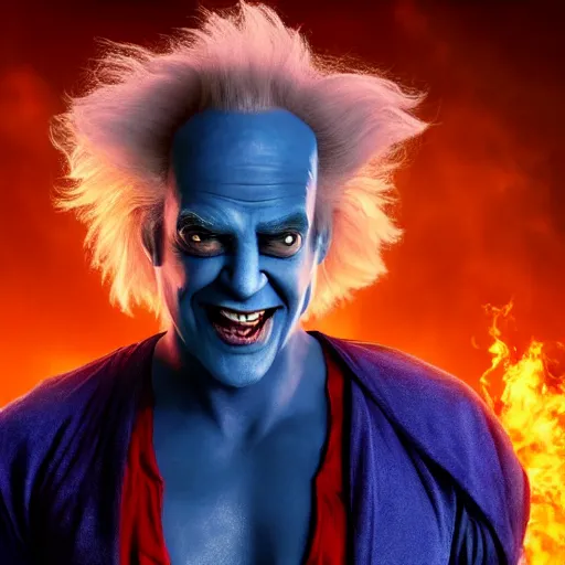 Prompt: doc brown as genie with blue skin in the movie aladdin, movie still 8 k hdr atmospheric lighting