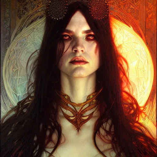 Prompt: Portrait of female sorceress, dark fantasy, medium shot, intricate, elegant, highly detailed, digital painting, artstation, concept art, smooth, sharp focus, illustration, art by karol bak, artgerm and greg rutkowski and alphonse mucha