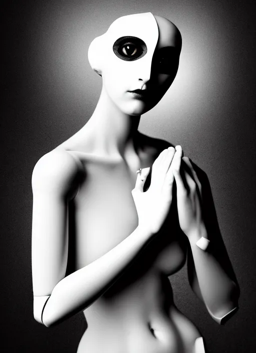 Image similar to surreal mythical dreamy dark artistic black and white fine art fashion portrait photo of a young beautiful delicate female robot - owl - nun praying, spiritual, halo, glory, rim light, cinematic, studio dramatic light, poetic, masterpiece, octane render, 8 k, photo - realistic by william bouguereau man ray