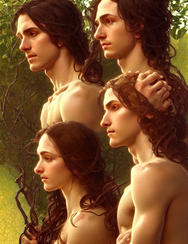 Image similar to portrait of biblical adam and eve, headshot, intricate, highly detailed, digital painting, artstation, concept art, sharp focus, cinematic lighting, illustration, art by artgerm and greg rutkowski, alphonse mucha, cgsociety