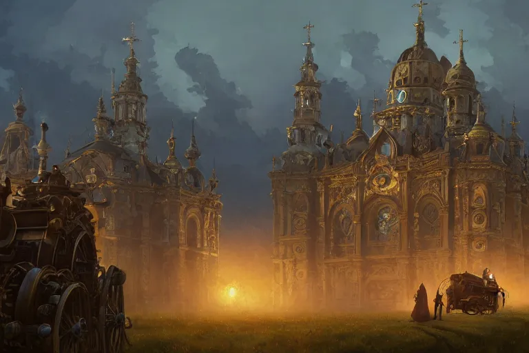 Prompt: an mobile ornate baroque church with chain wheels, mortal engines, scene in an open field. key visual, conceptart, ambient lighting, highly detailed, digital painting, artstation, concept art, sharp focus, by makoto shinkai and akihiko yoshida and greg manchess