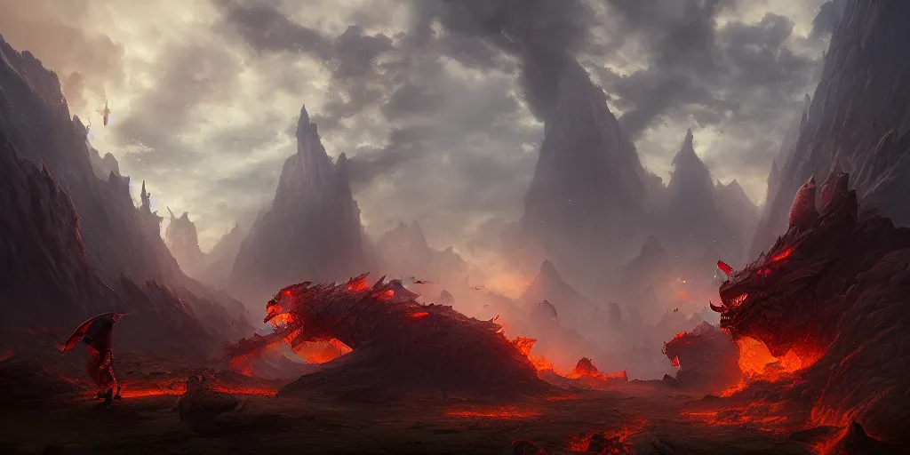 Image similar to a mythical battle between two giant fiery creatures, broken landscape, by Andreas Rocha + Ted Nasmith, cinematic lighting, masterpiece, highly detailed, 8k resolution, trending on art station