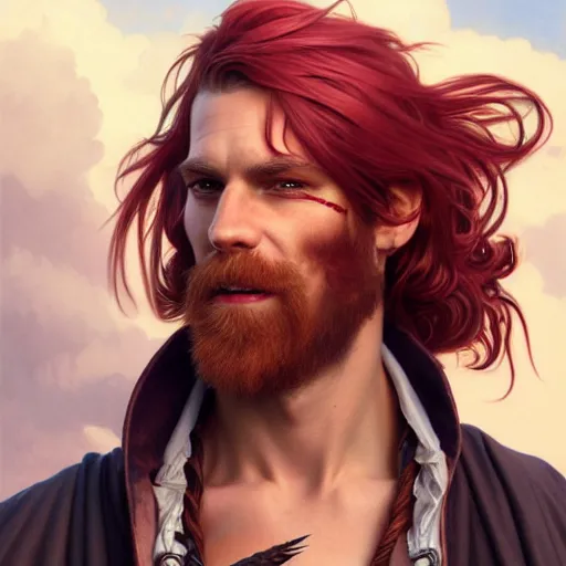 Prompt: portrait of a young ruggedly handsome but joyful pirate, male, masculine, upper body, crimson hair, long long flowing hair, fantasy, smug smirk, intricate, elegant, highly detailed, digital painting, artstation, concept art, matte, sharp focus, illustration, art by artgerm and greg rutkowski and alphonse mucha