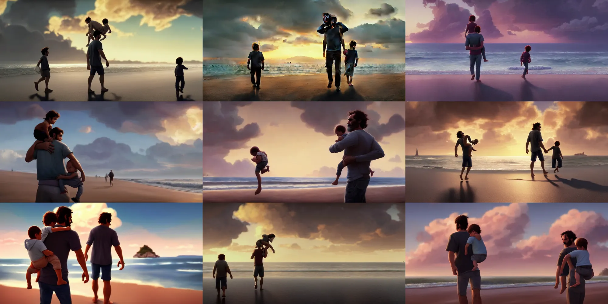 Prompt: joaquin phoenix carrying his child on his shoulders, walking near the beach, early morning, beautiful clouds in the sky, rule of thirds, wholesome, pixar and sedisney animation, sharp, rendered in unreal engine 5, art by greg rutkowski, bloom, dramatic lighting, sunrise