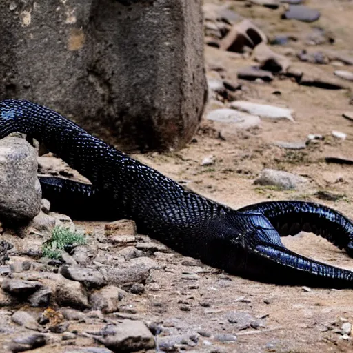 Prompt: A black king cobra crawls along a large uneven stone towards the camera, using a sword stuck in the stone and drenched in blood