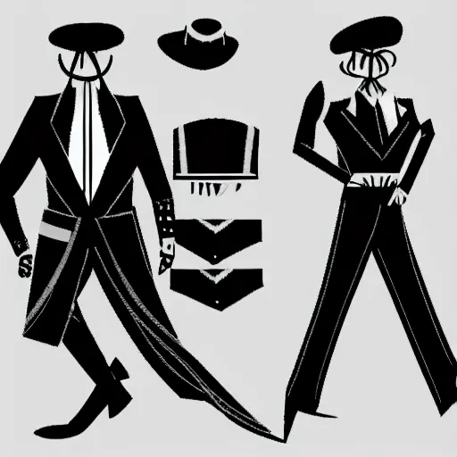 Image similar to a set of magician's men's clothing design, black and white tones, 2 d game art