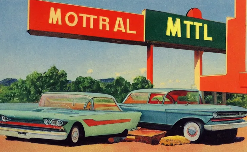 Image similar to 1 9 6 0 s americana painting of a motel and motel sign with a car parked outside by norman rockwell, relaxed mood